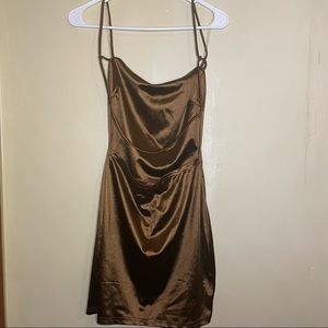 Brown Crowl Neck Mini Satin Dress